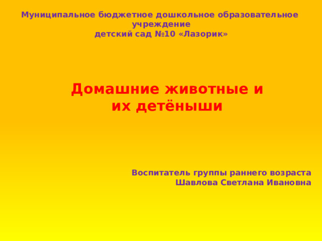 Воспитатель группы раннего возраста  Шавлова Светлана Ивановна Муниципальное бюджетное дошкольное образовательное  учреждение  детский сад №10 «Лазорик» Домашние животные и их детёныши