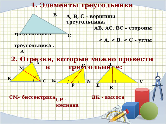 1. Элементы треугольника   В  АВ, АС, ВС – стороны треугольника .    . В  А  2. Отрезки, которые можно провести в треугольнике:                              А, В, С – вершины треугольника. С А Д  С М  С К С N Р Е К СМ- биссектриса ДК - высота СР - медиана