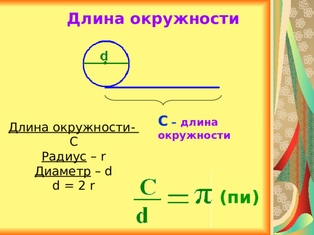 Длина окружности С – длина окружности Длина окружности -  С Радиус  –  r Диаметр  –  d d = 2 r ( пи)