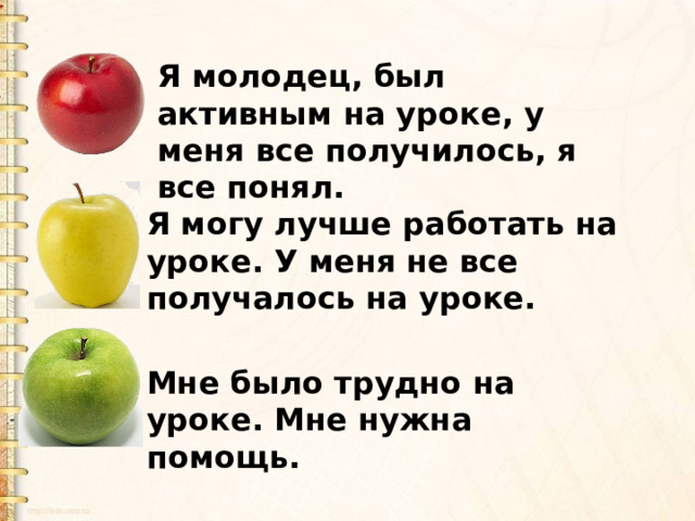 Я молодец, был активным на уроке, у меня все получилось, я все понял. Я могу лучше работать на уроке. У меня не все получалось на уроке. Мне было трудно на уроке. Мне нужна помощь.