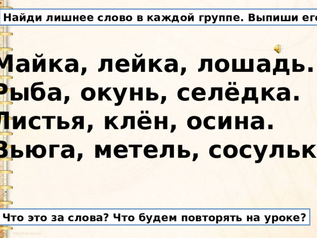 Найди лишнее слово в каждой группе. Выпиши его. Майка, лейка, лошадь. Рыба, окунь, селёдка. Листья, клён, осина. Вьюга, метель, сосулька. Что это за слова? Что будем повторять на уроке?