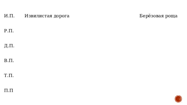 И.П. Извилистая дорога Берёзовая роща Р.П. Д.П. В.П. Т.П. П.П