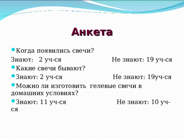 Анкета Когда появились свечи? Знают: 2 уч-ся Не знают: 19 уч-ся