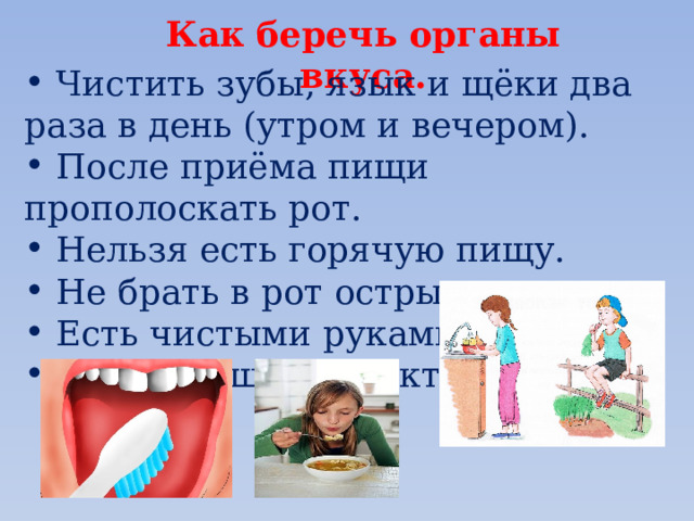 Как беречь органы вкуса.  Чистить зубы, язык и щёки два раза в день (утром и вечером).  После приёма пищи прополоскать рот.  Нельзя есть горячую пищу.  Не брать в рот острые предметы.  Есть чистыми руками.  Мыть овощи и фрукты