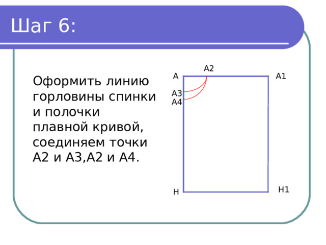 Шаг 6: А2 А А1 Оформить линию горловины спинки и полочки плавной кривой, соединяем точки А2 и А3,А2 и А4. А3 А4 Н1 Н