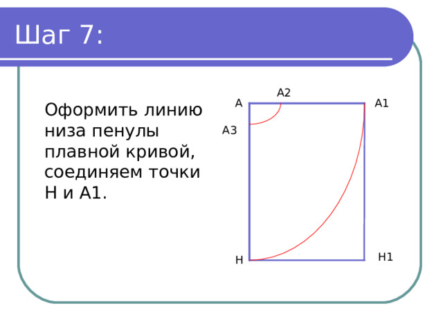 Шаг 7: А2 А А1 Оформить линию низа пенулы плавной кривой, соединяем точки Н и А1. А3 Н1 Н