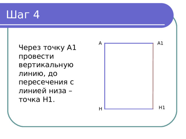 Шаг 4 А А1 Через точку А1 провести вертикальную линию, до пересечения с линией низа – точка Н1. Н1 Н
