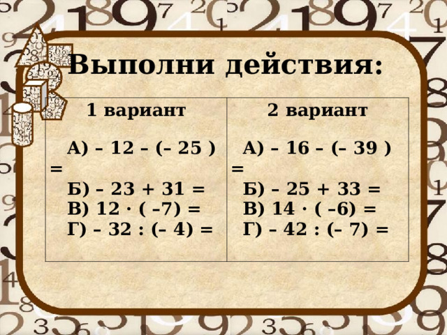 Выполни действия: 1 вариант   А) – 12 – (– 25 ) =  Б) – 23 + 31 =  В) 12 · ( –7) =  Г) – 32 : (– 4) = 2 вариант   А) – 16 – (– 39 ) =  Б) – 25 + 33 =  В) 14 · ( –6) =  Г) – 42 : (– 7) =