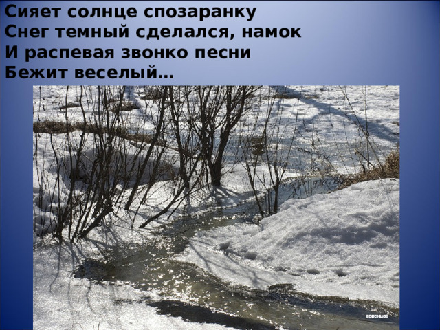 Сияет солнце спозаранку  Снег темный сделался, намок  И распевая звонко песни  Бежит веселый…