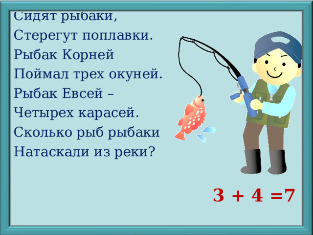 Сидят рыбаки, Стерегут поплавки. Рыбак Корней Поймал трех окуней. Рыбак Евсей – Четырех карасей. Сколько рыб рыбаки Натаскали из реки? 3 + 4 =7