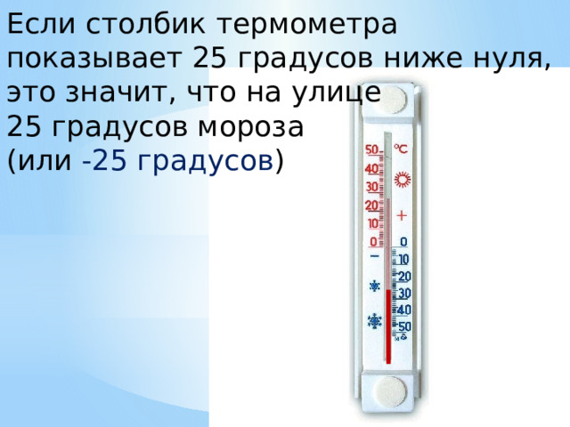 Если столбик термометра показывает 25 градусов ниже нуля, это значит, что на улице 25 градусов мороза (или -25 градусов )