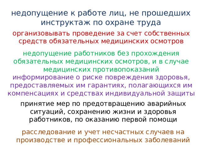 недопущение к работе лиц, не прошедших инструктаж по охране труда организовывать проведение за счет собственных средств обязательных медицинских осмотров недопущение работников без прохождения обязательных медицинских осмотров, и в случае медицинских противопоказаний информирование о риске повреждения здоровья, предоставляемых им гарантиях, полагающихся им компенсациях и средствах индивидуальной защиты принятие мер по предотвращению аварийных ситуаций, сохранению жизни и здоровья работников, по оказанию первой помощи расследование и учет несчастных случаев на производстве и профессиональных заболеваний