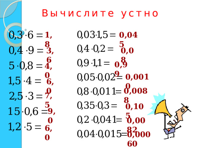 Вычислите устно 1,8 0,045 3,6 0,08 0,99 4,0 0,0010 6,0 0,0088 7,5 0,105 9,0 0,0082 6,0 0,00060