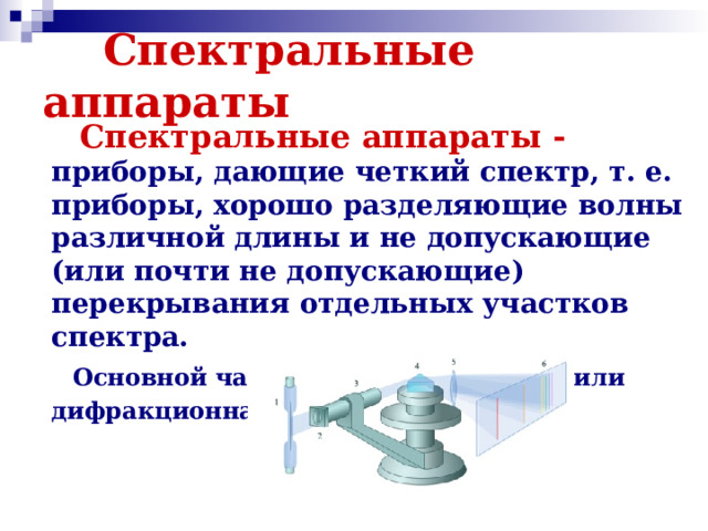 Спектральные аппараты  Спектральные аппараты - приборы, дающие четкий спектр, т. е. приборы, хорошо разделяющие волны различной длины и не допускающие (или почти не допускающие) перекрывания отдельных участков спектра.  Основной частью является призма или дифракционная решетка.