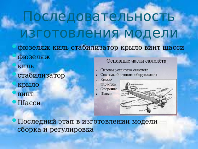 Последовательность изготовления модели фюзеляж киль стабилизатор крыло винт шасси фюзеляж киль стабилизатор крыло винт Шасси Последний этап в изготовлении модели — сборка и регулировка