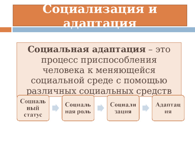 Социализация и адаптация Социальная адаптация – это процесс приспособления человека к меняющейся социальной среде с помощью различных социальных средств