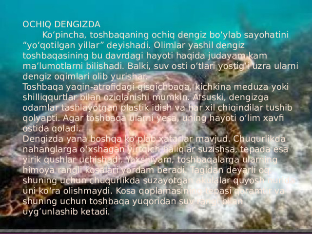 OCHIQ DENGIZDA Ko‘pincha, toshbaqaning ochiq dengiz bo‘ylab sayohatini “yo‘qotilgan yillar” deyishadi. Olimlar yashil dengiz toshbaqasining bu davrdagi hayoti haqida judayam kam ma‘lumotlarni bilishadi. Balki, suv osti o‘tlari yostig’i uzra ularni dengiz oqimlari olib yurishar. Toshbaqa yaqin-atrofidagi qisqichbaqa, kichkina meduza yoki shilliqqurtlar bilan oziqlanishi mumkin. Afsuski, dengizga odamlar tashlayotgan plastik idish va har xil chiqindilar tushib qolyapti. Agar toshbaqa ularni yesa, uning hayoti o‘lim xavfi ostida qoladi. Dengizda yana boshqa ko‘plab xatarlar mavjud. Chuqurlikda nahanglarga o‘xshagan yirtqich baliqlar suzishsa, tepada esa yirik qushlar uchishadi. Yaxshiyam, toshbaqalarga ularning himoya rangli kosalari yordam beradi. Tagidan deyarli oq, shuning uchun chuqurlikda suzayotgan akulalar quyosh nurida uni ko‘ra olishmaydi. Kosa qoplamasining tepasi qoramtir va shuning uchun toshbaqa yuqoridan suv rangi bilan uyg’unlashib ketadi.