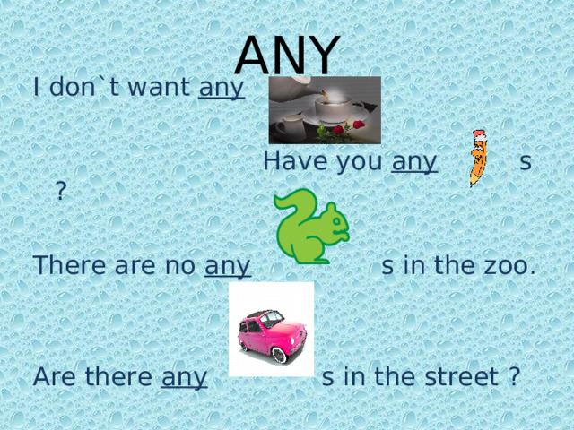 ANY I don`t want any       Have you any s ?  There are no any s in the zoo. Are there any s in the street ?