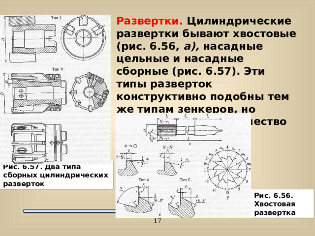 Развертки. Цилиндрические развертки бывают хвостовые (рис. 6.56, а), насадные цельные и насадные сборные (рис. 6.57). Эти типы разверток конструктивно подобны тем же типам зенкеров, но имеют большее количество зубьев, малый угол заборного конуса φ, Рис. 6.57. Два типа сборных цилиндрических разверток Рис. 6.56. Хвостовая развертка