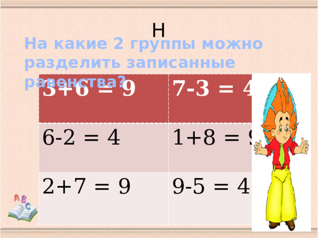 Н На какие 2 группы можно разделить записанные равенства? 3+6 = 9 7-3 = 4 6-2 = 4 1+8 = 9 2+7 = 9 9-5 = 4