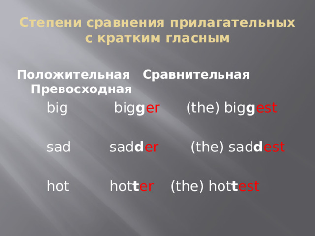 Степени сравнения прилагательных с кратким гласным Положительная Сравнительная Превосходная   big    big g er  (the) big g est   sad    sad d er  (the) sad d est   hot    hot t er  (the) hot t est