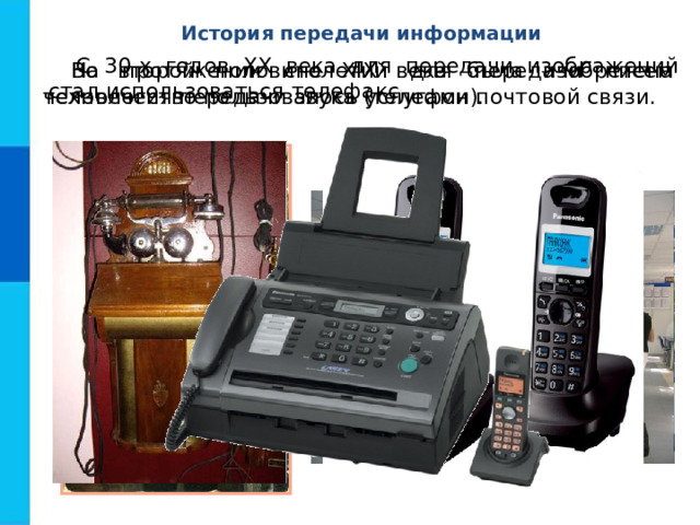 История передачи информации С 30-х годов XX века для передачи изображений стал использоваться телефакс. На протяжении столетий для передачи писем человечество пользовалось услугами почтовой связи. Во второй половине XIX века была изобретена технология передачи звука (телефон).