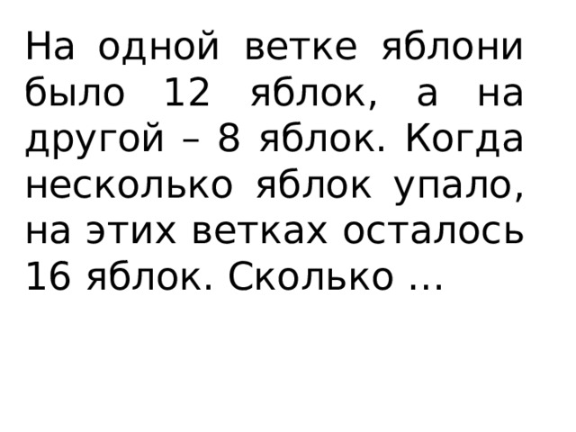 На одной ветке яблони было 12 яблок, а на другой – 8 яблок. Когда несколько яблок упало, на этих ветках осталось 16 яблок. Сколько …