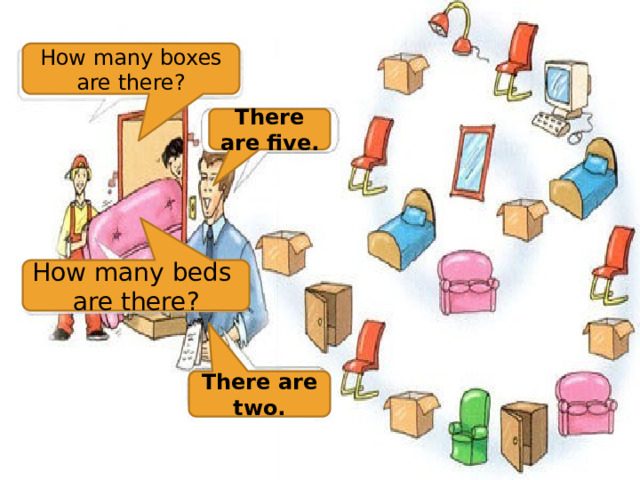 How many boxes are there? There are five. How many beds are there? There are two.