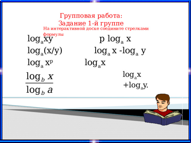 Групповая работа: Задание 1-й группе На интерактивной доске соедините стрелками формулы log a xy    p log a x log a (x/y)     log a x -log a y log a x p     log a x log a x +log a y.