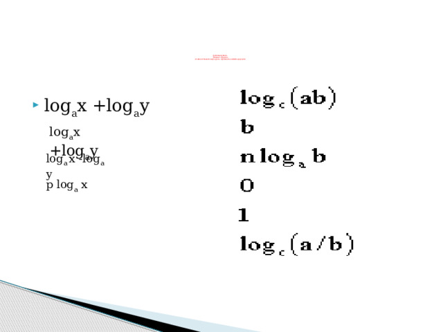 p log a x Групповая работа:  Задание 2-й группе  В технологической карте урока стрелками соедините формулы    log a x +log a y log a x +log a y log a x -log a y