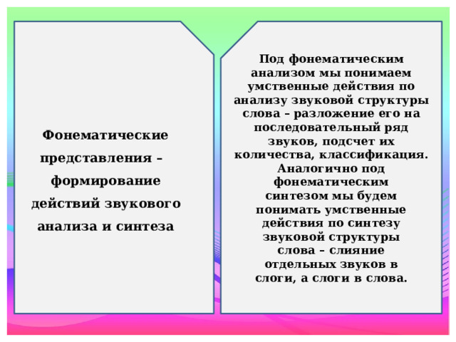 Фонематические представления – формирование действий звукового анализа и синтеза Под фонематическим анализом мы понимаем умственные действия по анализу звуковой структуры слова – разложение его на последовательный ряд звуков, подсчет их количества, классификация. Аналогично под фонематическим синтезом мы будем понимать умственные действия по синтезу звуковой структуры слова – слияние отдельных звуков в слоги, а слоги в слова.