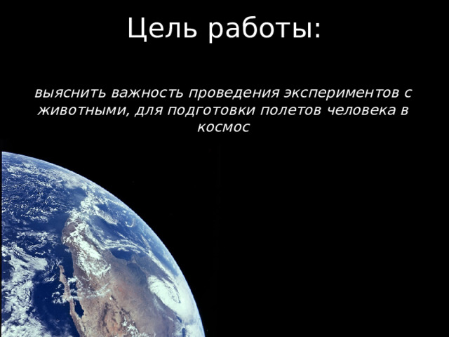 Цель работы: выяснить важность проведения экспериментов с животными, для подготовки полетов человека в космос