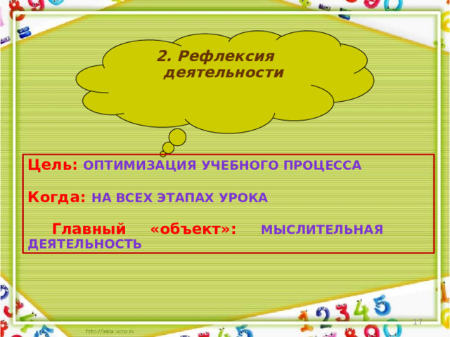 2. Рефлексия деятельности Цель: Оптимизация учебного процесса  Когда: На всех этапах урока   Главный «объект»: мыслительная деятельность