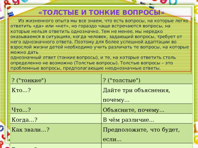 «Толстые и тонкие вопросы»  Из жизненного опыта мы все знаем, что есть вопросы, на которые легко ответить «да» или «нет», но гораздо чаще встречаются вопросы, на которые нельзя ответить однозначно. Тем не менее, мы нередко оказываемся в ситуациях, когда человек, задающий вопросы, требует от него однозначного ответа. Поэтому для более успешной адаптации во взрослой жизни детей необходимо учить различать те вопросы, на которые можно дать однозначный ответ (тонкие вопросы), и те, на которые ответить столь определенно не возможно (Толстые вопросы). Толстые вопросы – это проблемные вопросы, предполагающие неоднозначные ответы. ? (