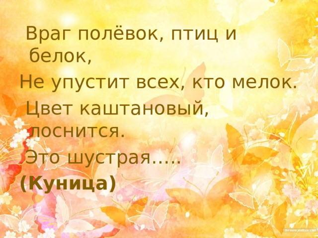 Враг полёвок, птиц и белок, Не упустит всех, кто мелок.  Цвет каштановый, лоснится.  Это шустрая….. (Куница)