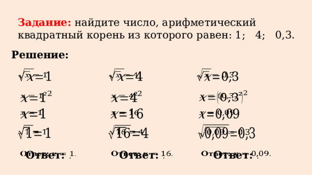 Задание:  найдите число, арифметический квадратный корень из которого равен: 1; 4; 0,3. Решение:                           Ответ: .   Ответ: .   Ответ: .