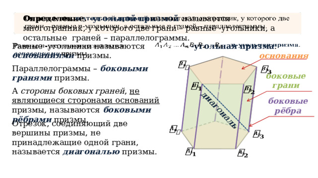 диагональ Определение. -угольной призмой называется многогранник, у которого две грани – равные -угольники, а остальные граней – параллелограммы.       – -угольная призма . Равные -угольники называются основаниями призмы. основания   Параллелограммы – боковыми гранями призмы.   боковые грани     А стороны боковых граней , не являющиеся сторонами оснований призмы, называются боковыми рёбрами призмы. боковые рёбра Отрезок, соединяющий две вершины призмы, не принадлежащие одной грани, называется диагональю призмы.        