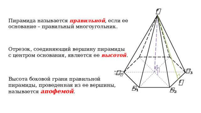   Пирамида называется правильной , если ее основание – правильный многоугольник. Отрезок, соединяющий вершину пирамиды с центром основания, является ее высотой .     Высота боковой грани правильной пирамиды, проведенная из ее вершины, называется апофемой .      