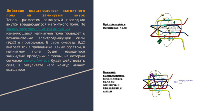 Действие вращающегося магнитного поля на замкнутый виток  Теперь разместим замкнутый проводник внутри вращающегося магнитного поля. По закону электромагнитной индукции изменяющееся магнитное поле приведет к возникновению электродвижущей силы (ЭДС) в проводнике. В свою очередь ЭДС вызовет ток в проводнике. Таким образом, в магнитном поле будет находиться замкнутый проводник с током, на который согласно закону Ампера будет действовать сила, в результате чего контур начнет вращаться   Вращающееся магнитное поле Влияние вращающегося магнитного поля на замкнутый проводник с током