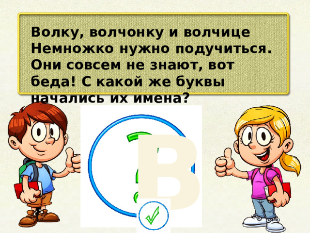 Волку, волчонку и волчице Немножко нужно подучиться. Они совсем не знают, вот беда! С какой же буквы начались их имена? В