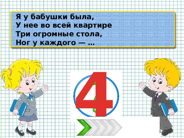 Я у бабушки была, У нее во всей квартире Три огромные стола, Ног у каждого — … 4