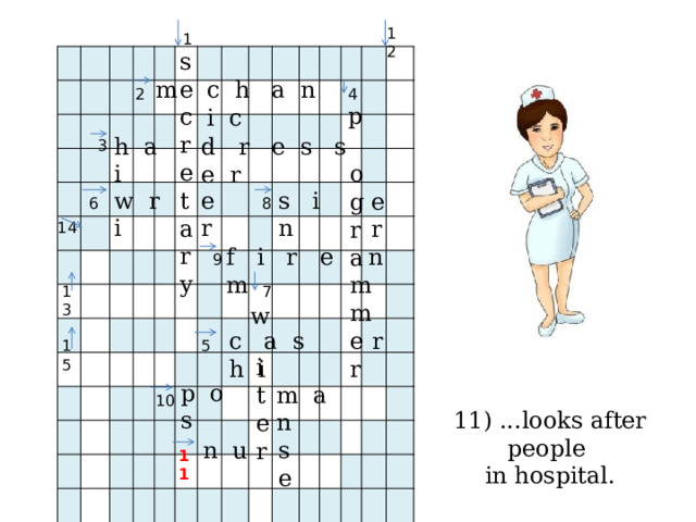 12 1 sec r e t a r y c h a n i c m 2 4 p h a i d r e s s e r 3 ogrammer s i n e r w r i e r 8 6 14 n f i r e m 9 13 7 w r c a s h i 5 15 iter p o s m a n 10 11) ...looks after people in hospital. n u s e 11