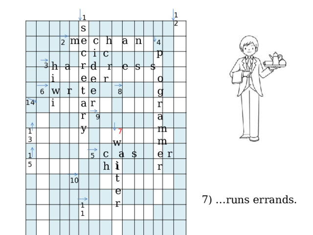 12 1 sec r e t a r y m c h a n i c 2 4 p h a i d r e s s e r 3 ogrammer w r i e r 8 6 14 9 13 7 w r c a s h i 15 5 iter 10 7) ...runs errands. 11