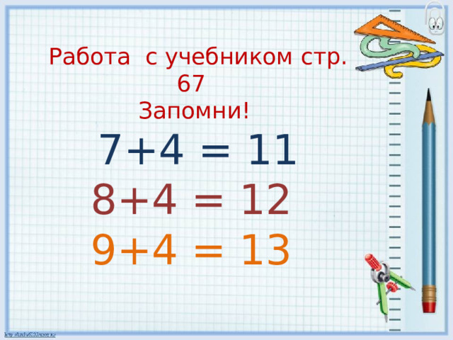 Работа с учебником стр. 67 Запомни! 7+4 = 11 8+4 = 12 9+4 = 13