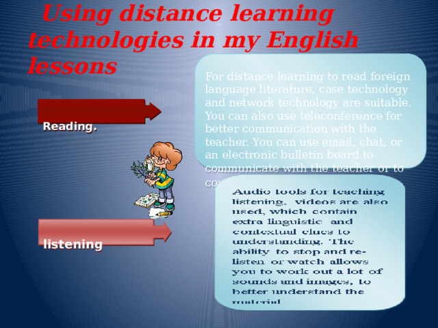 Using distance learning technologies in my English lessons  For distance learning to read foreign language literature, case technology and network technology are suitable. You can also use teleconference for better communication with the teacher. You can use email, chat, or an electronic bulletin board to communicate with the teacher or to communicate with students .   Reading.  listening