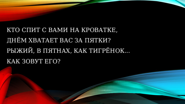 Кто спит с вами на кроватке,  Днём хватает вас за пятки?  Рыжий, в пятнах, как тигрёнок...  Как зовут его?