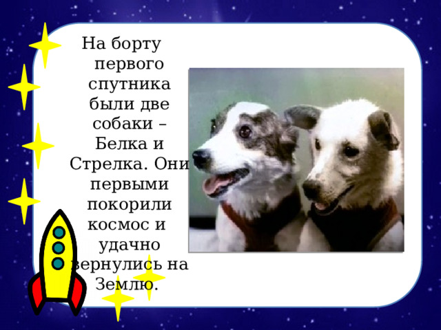 На борту первого спутника были две собаки – Белка и Стрелка. Они первыми покорили космос и удачно вернулись на Землю.