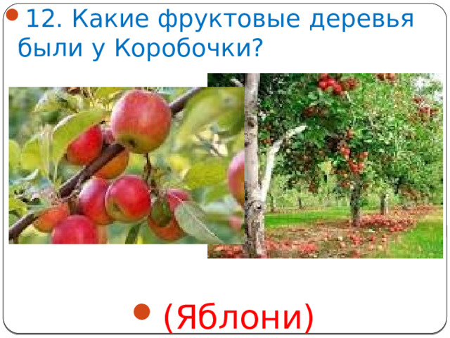 12. Какие фруктовые деревья были у Коробочки? (Яблони)