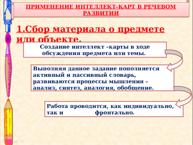 ПРИМЕНЕНИЕ ИНТЕЛЛЕКТ-КАРТ В РЕЧЕВОМ РАЗВИТИИ 1.Сбор материала о предмете или объекте. Создание интеллект –карты в ходе обсуждения предмета или темы. Выполняя данное задание пополняется активный и пассивный словарь, развиваются процессы мышления –анализ, синтез, аналогия, обобщение. Работа проводится, как индивидуально, так и    фронтально.