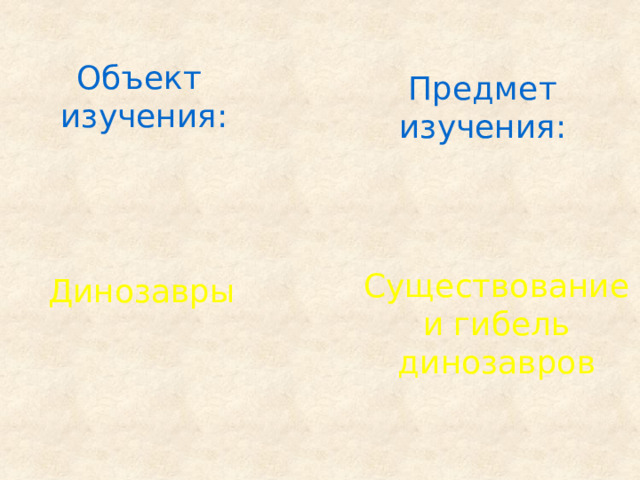 Объект изучения: Предмет изучения: Существование и гибель динозавров Динозавры